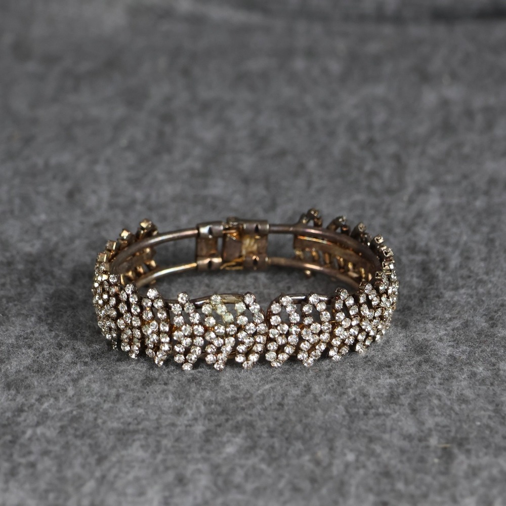 Gold Tone Rhinestone Bangle Bracelet Box Clasp Womens Vintage Style Statement